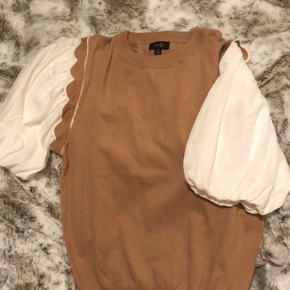Tan vested sweater blouse with cream puff sleeves